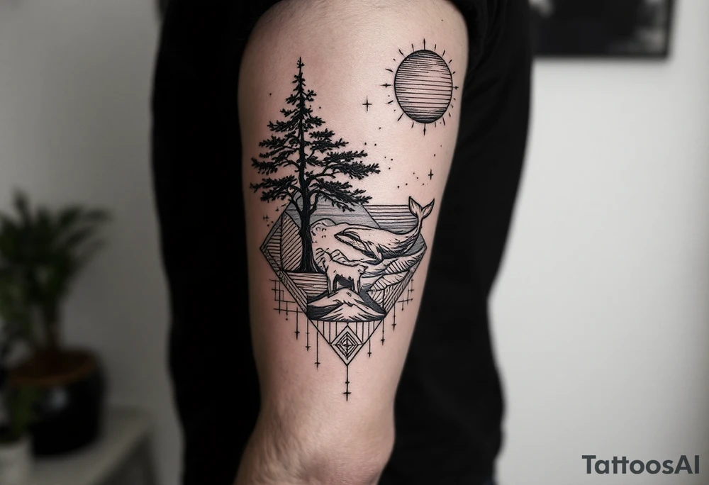 Fine line powerful ocean half sleeve with a wave, a whale, a Joshua tree, and a dog as separate elements connected by geometric patterns tattoo idea