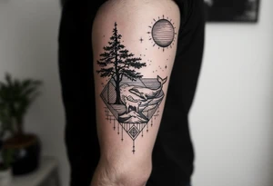 Fine line powerful ocean half sleeve with a wave, a whale, a Joshua tree, and a dog as separate elements connected by geometric patterns tattoo idea