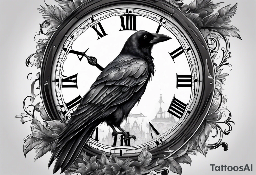 crow looking back twisted neck inside a old clock with pointers and markers being a forest tattoo idea crow looking back twisted neck inside a old clock with pointers and markers being a forest tattoo idea