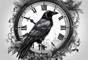 crow looking back twisted neck inside a old clock with pointers and markers being a forest tattoo idea