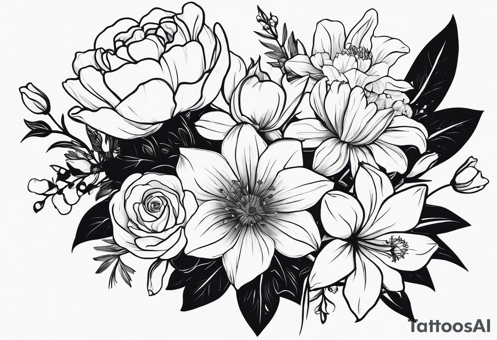 small minimalist black and white tattoo of a flower bouquet that MUST include 6 DIFFERENT flowers with ONE OF EACH: a carnation, a daffodil, a lily stock, a rose, a cosmos, and a chrysanthemum. tied together with a small bow tattoo idea