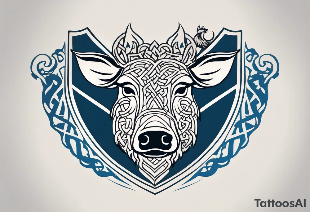 Side profile, Celtic, tribal, wild boar, On a Chatwin family crest with blue background, two gold stars, and a gold Chevron, and a Thistle. With bold black tribal lines. ancient Celtic, tribal boar tattoo idea