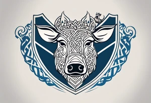 Side profile, Celtic, tribal, wild boar, On a Chatwin family crest with blue background, two gold stars, and a gold Chevron, and a Thistle. With bold black tribal lines. ancient Celtic, tribal boar tattoo idea