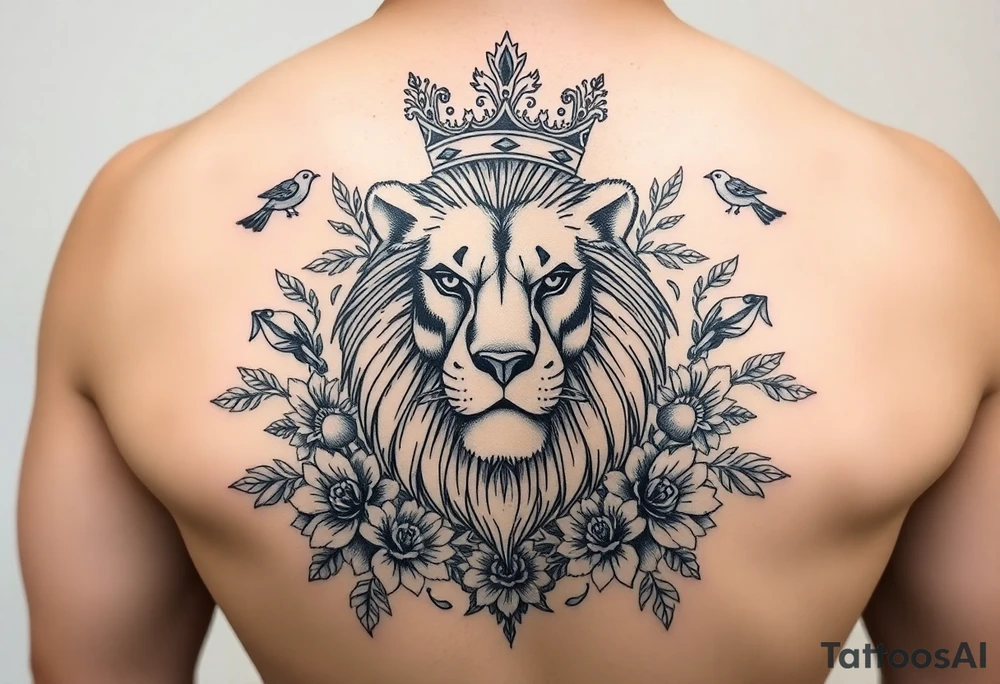 powerful majestic lion with a crown, surrounded by floral ornaments and birds tattoo idea