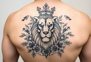 powerful majestic lion with a crown, surrounded by floral ornaments and birds tattoo idea