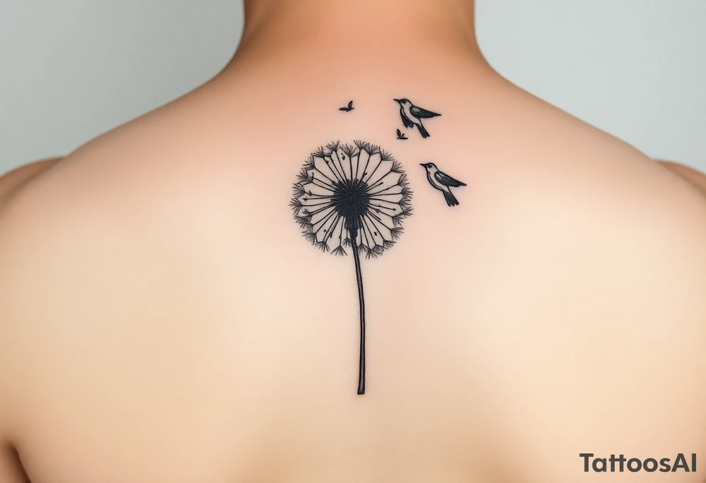 Dandelion tattoo representing motherhood, blowing in the wind giving myself to the next generation. Five birds for my children and two white birds for the children I lost. Whimsical and fine line. tattoo idea