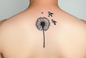 Dandelion tattoo representing motherhood, blowing in the wind giving myself to the next generation. Five birds for my children and two white birds for the children I lost. Whimsical and fine line. tattoo idea