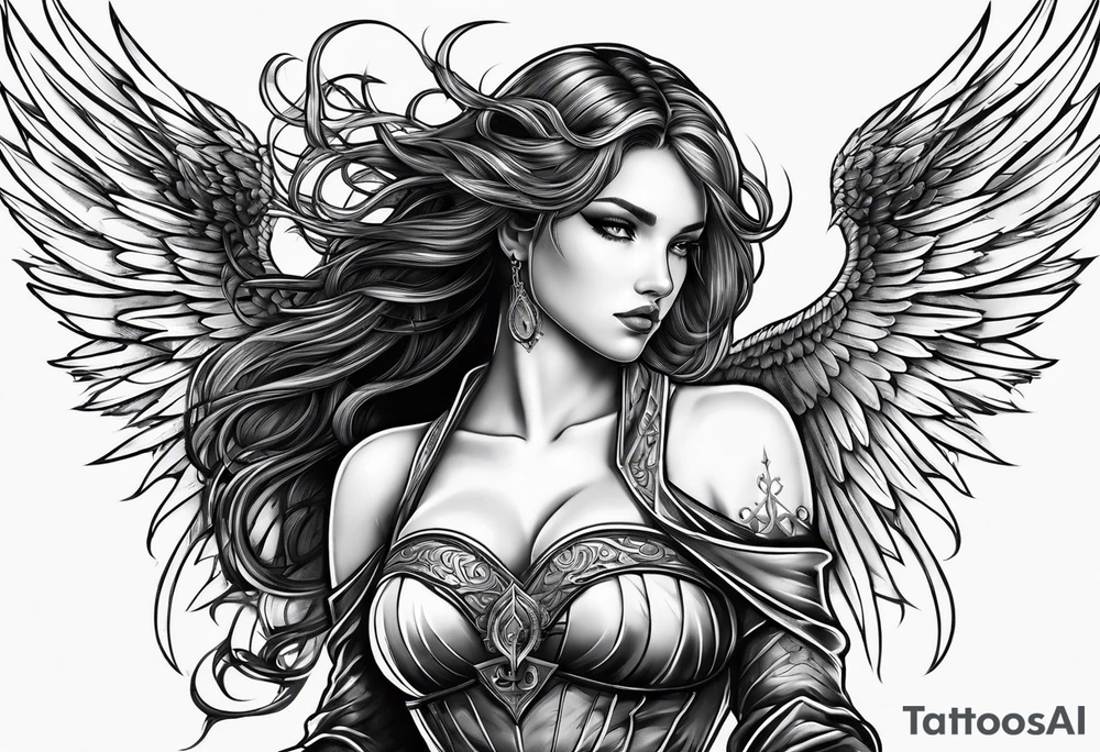 Female angel with sword lightning and lightning eyes tattoo idea