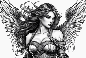 Female angel with sword lightning and lightning eyes tattoo idea