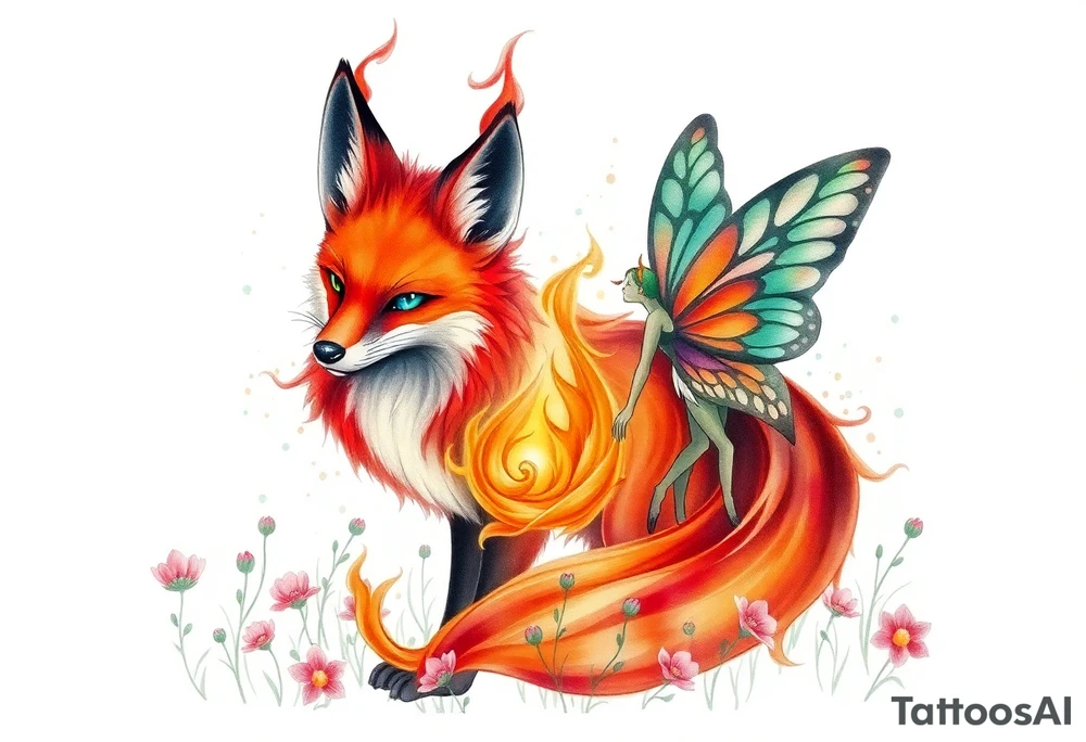Fox made of fire with emerald jem stone eyes fairy standing close to it  in a field of lillys tattoo idea