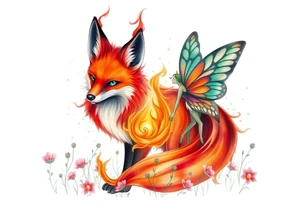Fox made of fire with emerald jem stone eyes fairy standing close to it  in a field of lillys tattoo idea