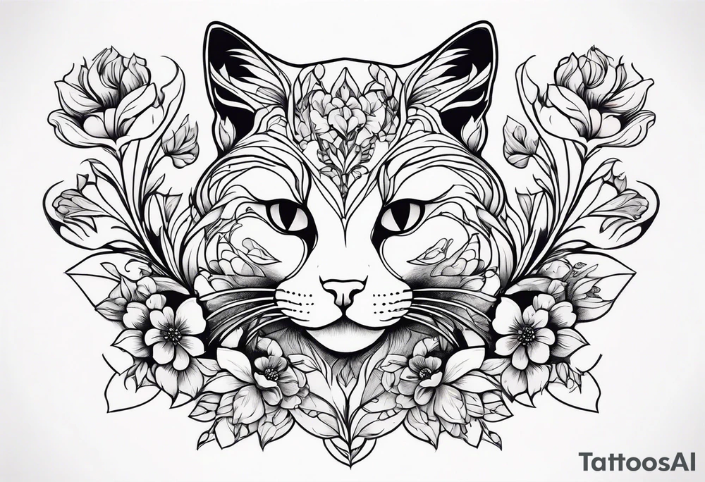 Art nouveau forearm tattoo of cat in flowers tattoo idea