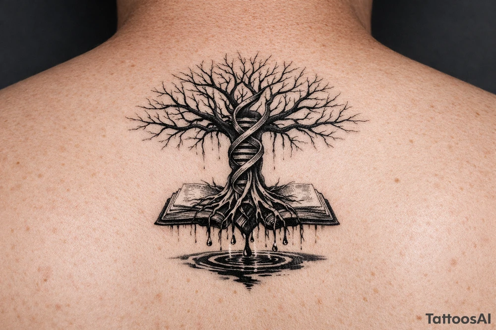 tree of life with a dna spiral for the trunk, bare branches spreading out to represent speciation/evolution, and roots sprouting out of open books to represent knowledge, with water dripping from the roots into a puddle tattoo idea