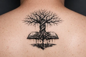 tree of life with a dna spiral for the trunk, bare branches spreading out to represent speciation/evolution, and roots sprouting out of open books to represent knowledge, with water dripping from the roots into a puddle tattoo idea