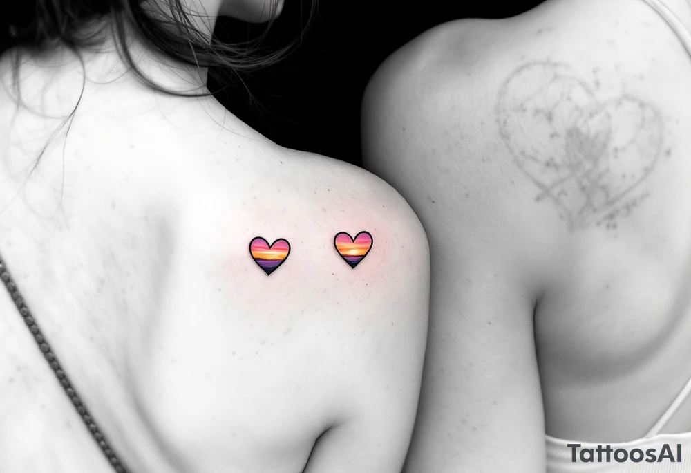 Tiny hearts shaded with a sunset gradient of orange, pink, and purple across each partner shoulder blades. tattoo idea