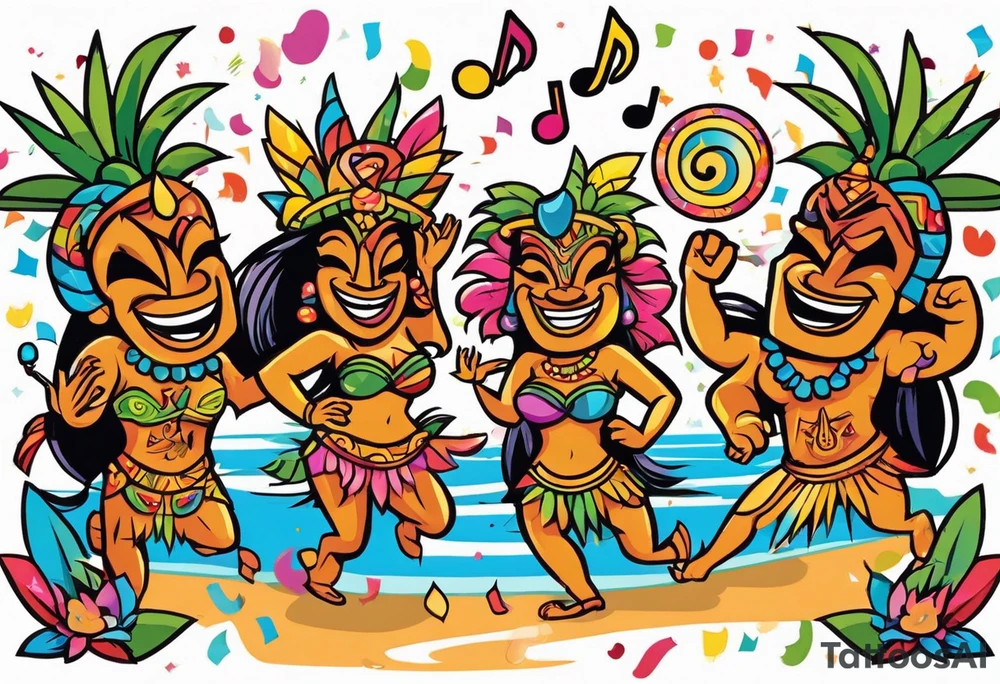 tiki party with dancing tiki guys and sexy tiki girls with music notes and confetti tattoo idea