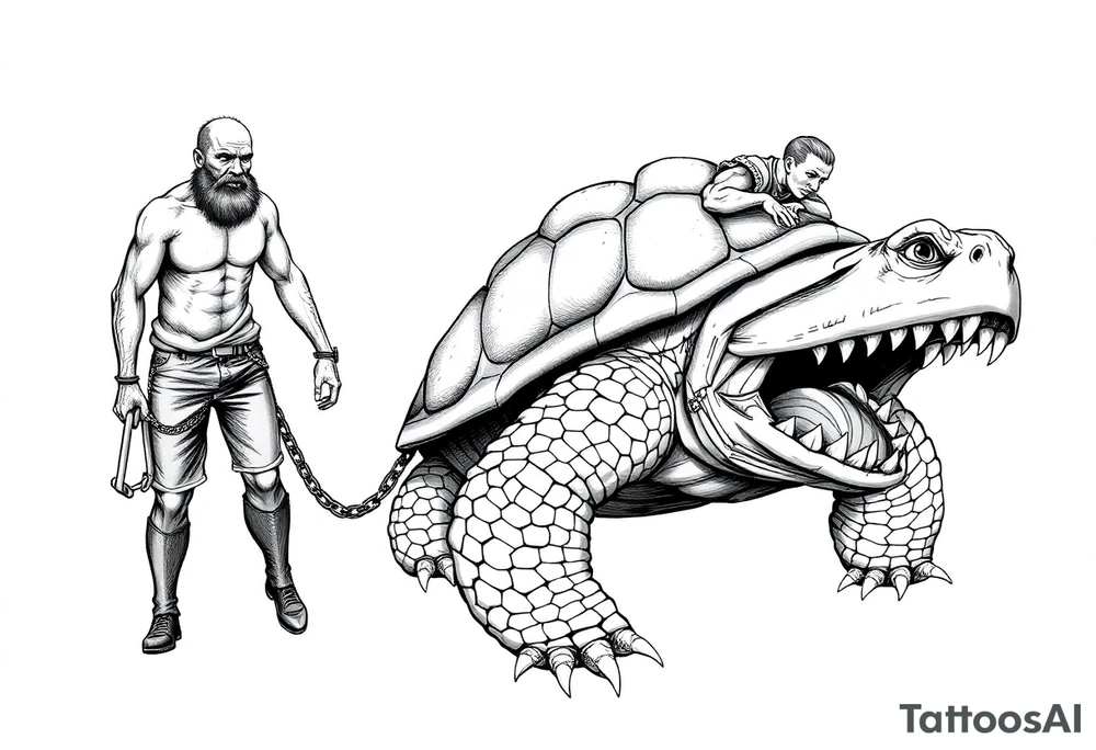 A giant man walking 2 slaves on a chain leash an angry turtle with huge teeth with a little man riding on his back tattoo idea