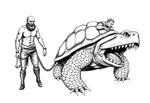 A giant man walking 2 slaves on a chain leash an angry turtle with huge teeth with a little man riding on his back tattoo idea