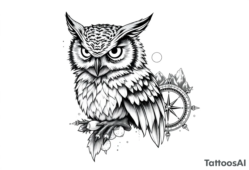 an owl,a compass,landscape. tattoo idea