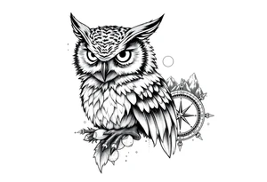 an owl,a compass,landscape. tattoo idea