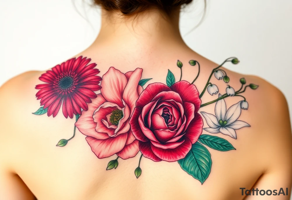 Bouquet of flowers with a garnet color Safire color aster, carnation, rose color rose, Lily of the valley, emerald color delphinium with stems Starting upper middle back to right shoulder tattoo idea