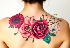 Bouquet of flowers with a garnet color Safire color aster, carnation, rose color rose, Lily of the valley, emerald color delphinium with stems Starting upper middle back to right shoulder tattoo idea