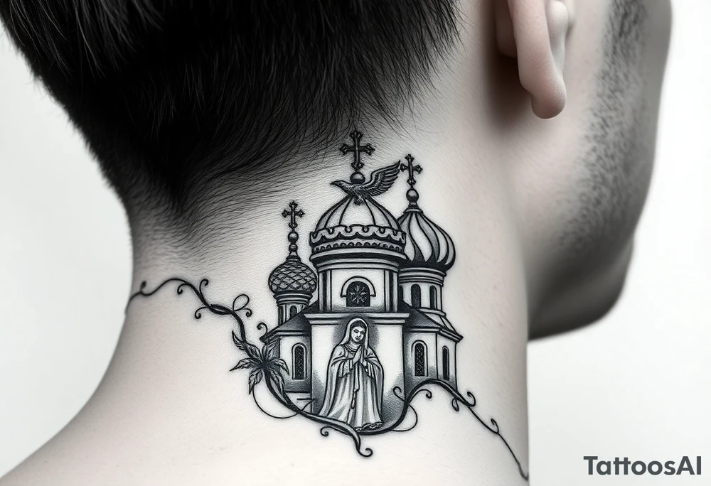 Flowing Scene

A onion domes orthodox church
Virgin Mary in prayer pose wrapping around the lower neck curve
A small double headed russian coat of arms eagle or just the star tucked above the dome near the hairline tattoo idea