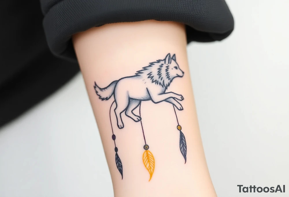 A wolf running through a dreamcatcher, with dreamcatcher threads trailing behind it, giving a sense of movement. The wolf is painted in silver and white, and the threads are in golden yellow and purple. tattoo idea