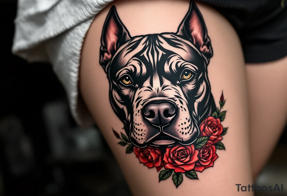 A black Staffbull face with red roses at the base. Deep bold color palette in traditional tattoo style. tattoo idea