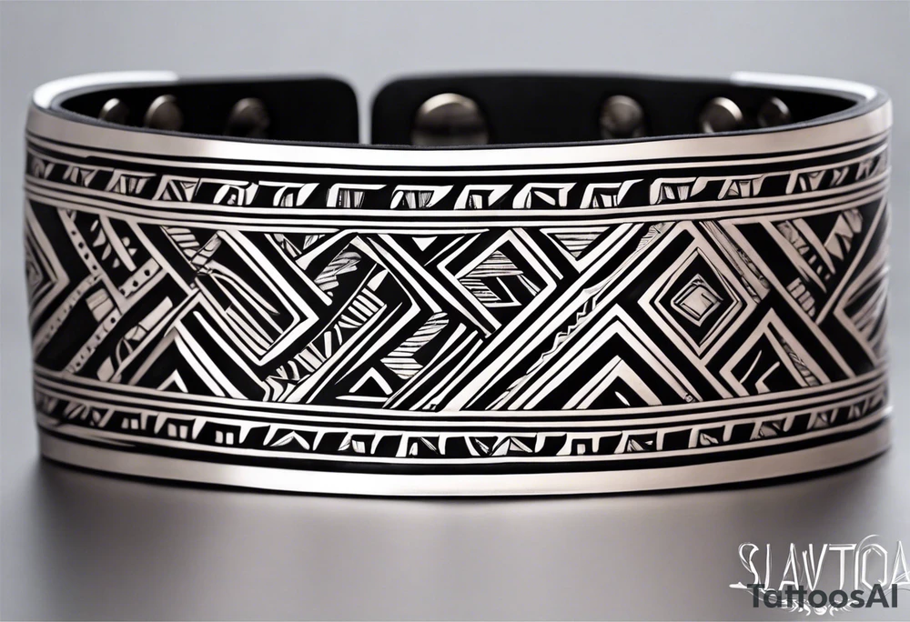 Men's tribal armband tatto made of geometrics patters and containing a wide black stripe around the whole forearm. The tattoo covers the middle part of the forearm, around 5 cm from the elbow and 5 cm from the wrist. The ornaments are of slavic style. tattoo idea