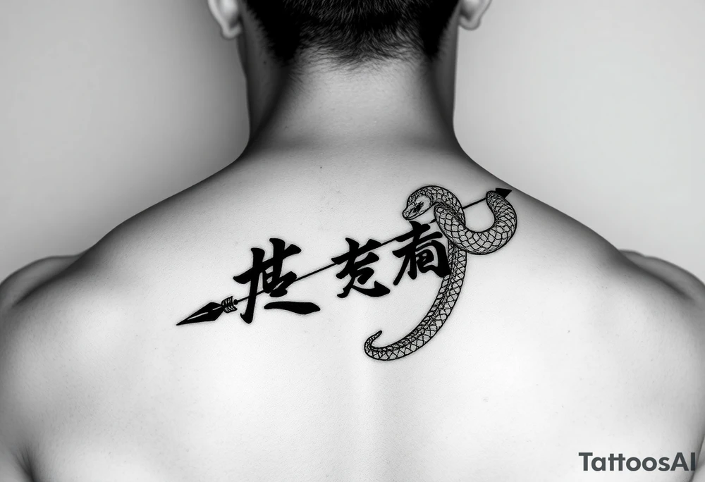 japanese writing with bow and arrow with snake wrapped around on chest tattoo idea