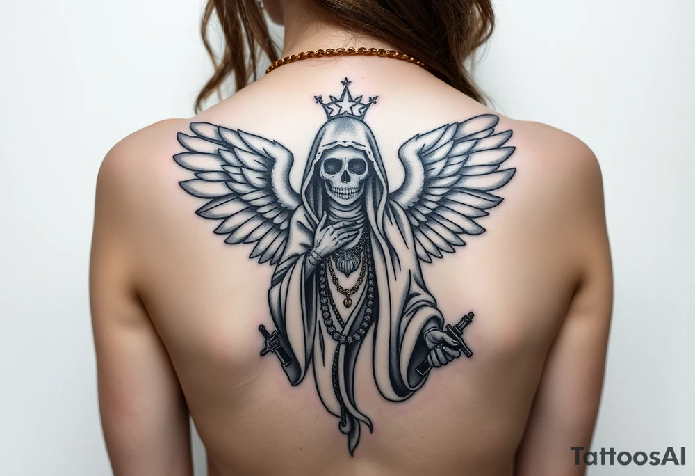 old angel statue (Santa Muerte style) criminal style tattooed and at the same time contemporary, weapons in hand, gangster-style gold necklaces tattoo idea