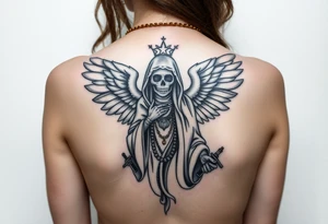 old angel statue (Santa Muerte style) criminal style tattooed and at the same time contemporary, weapons in hand, gangster-style gold necklaces tattoo idea
