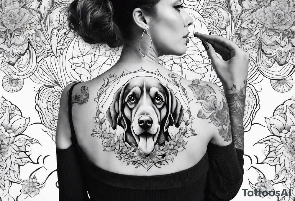 dog in the sky reaching hand of a woman and woman as her back facing us tattoo idea