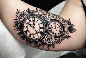 Dessine-moi un tattoo représentant une horloge intégrée à un sablier . En second plan on retrouve des chiffres romains. Le tatouage et noir et blanc et se porte sur l'épaule gauche tattoo idea