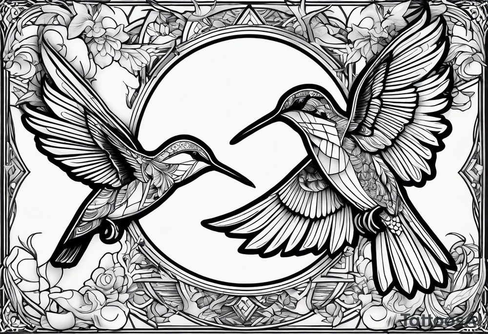 Symbols, double triangle, unclosed delta, crescent moon, hummingbird tattoo idea