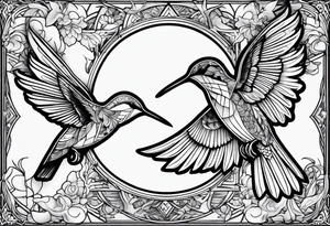 Symbols, double triangle, unclosed delta, crescent moon, hummingbird tattoo idea