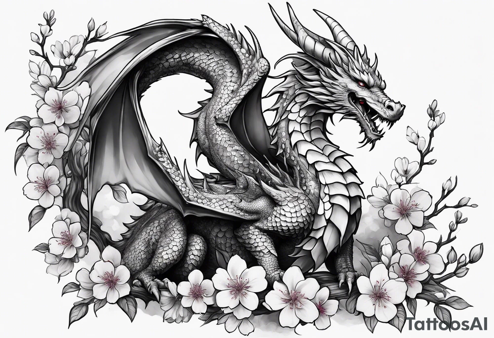 A dragon with wings covered in cherry blossoms on the thigh tattoo idea