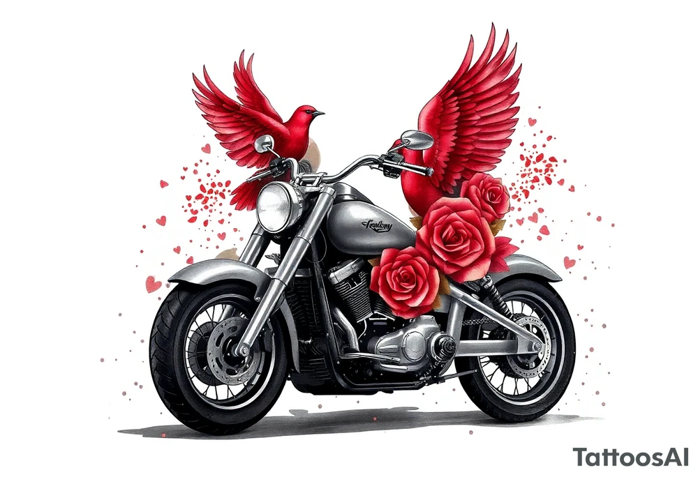 Harley grey motorcycle driving away, two red birds flying, roses, flames, angel wings tattoo idea