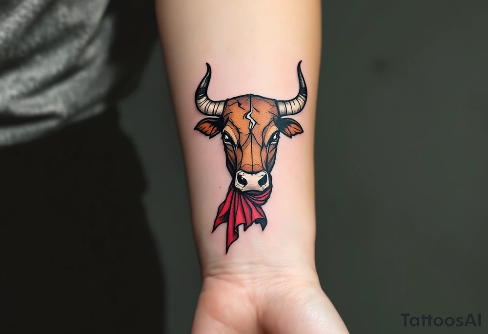 Matador’s Nemesis – A noble bull head with scarred brown hide, one broken horn, and a deep red cape caught around the neck, symbolizing courage and survival. tattoo idea