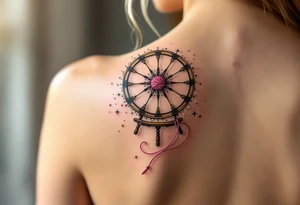 A storybook spinning wheel used for making yarn with an enchanted twist, floating mid-air, spinning thread with pinky yarn, surrounded by sparkling stars and silver dust (no glow effect). tattoo idea