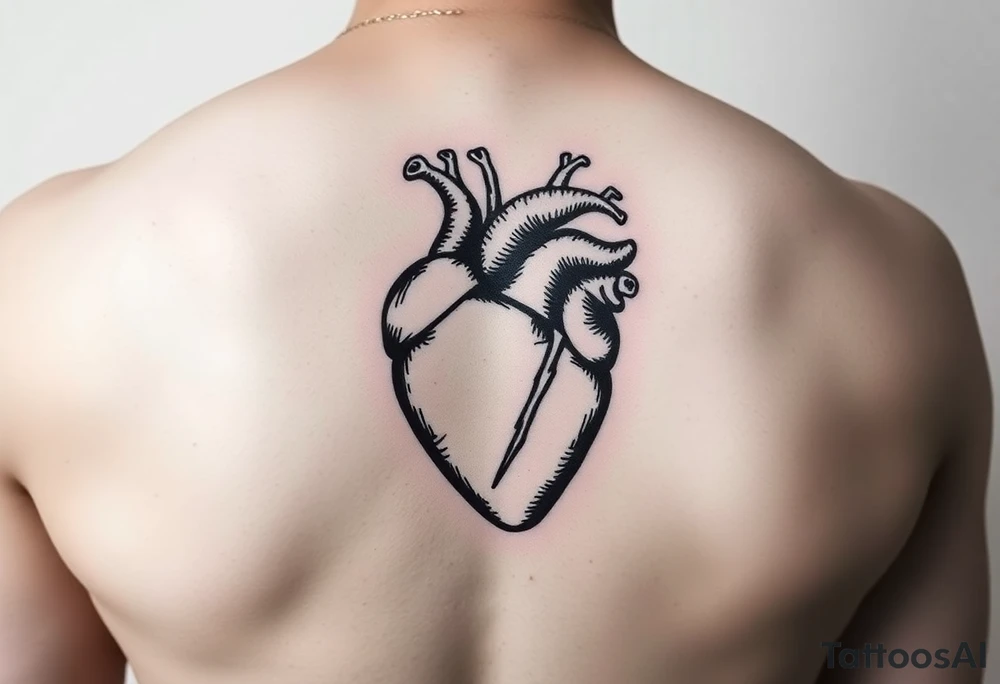 woodcut realistic heart etching tattoo on back of tricep tattoo idea