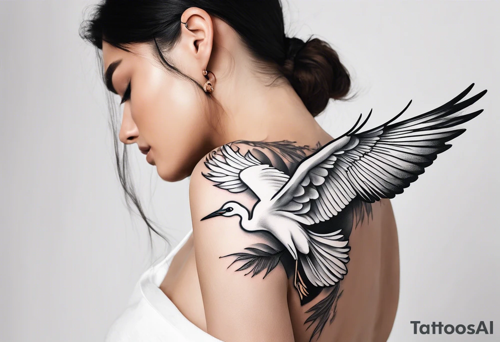 fine line tattoo of an egret bird with wings flared on a woman's arm tattoo idea
