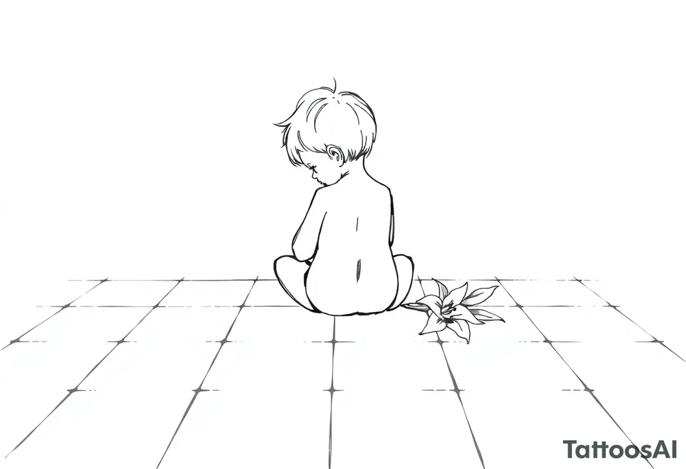 A simple tile floor with a minimalist outline of a curled child sitting on the floor with a lily next to her tattoo idea
