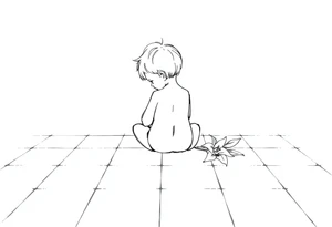 A simple tile floor with a minimalist outline of a curled child sitting on the floor with a lily next to her tattoo idea