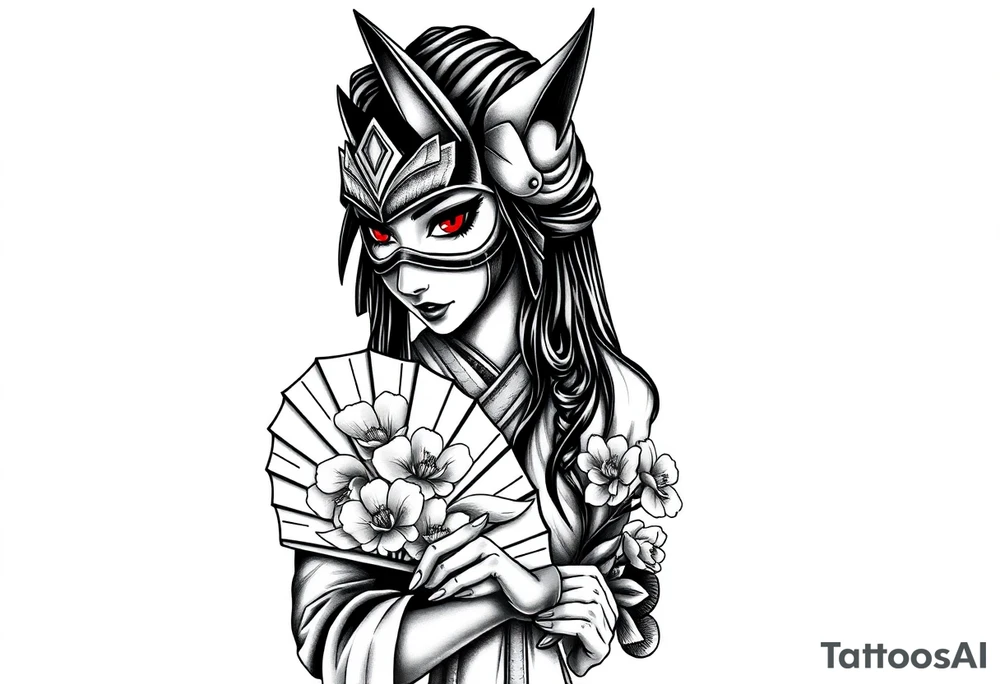 japanese samurai woman with red eyes wearing a kitsune half-mask and holding a fan with irises flowers ornement tattoo idea