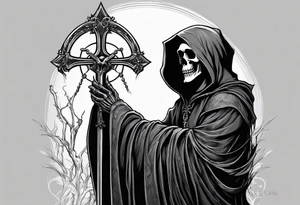 The grim reaper standing from a side profile praying with a rosary wrapped around his hands from a far with skeleton hands back up tattoo idea