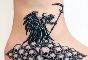 A skeletal angel standing on a pile of skulls, with black and gray feathers, and dark, brooding shadows with hints of metallic silver on the scythe. tattoo idea