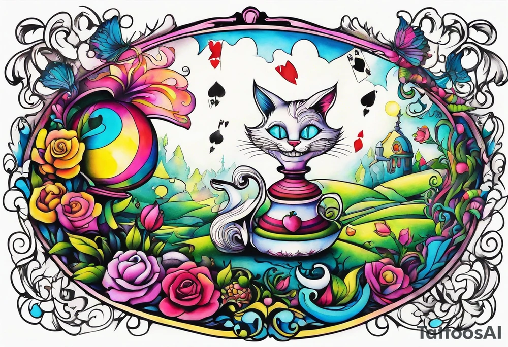 Alice in wonderland themed very colorful with Cheshire Cat psychedelic vibe tattoo idea