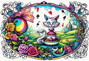 Alice in wonderland themed very colorful with Cheshire Cat psychedelic vibe tattoo idea